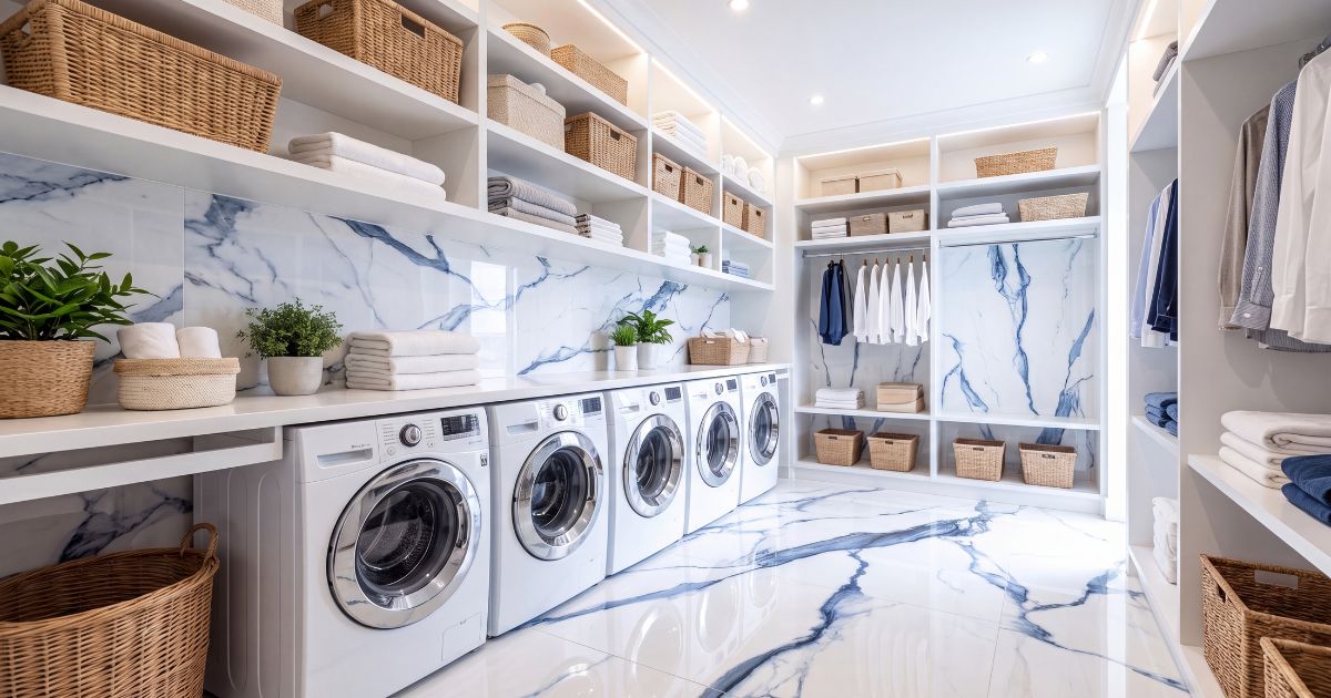 Laundry room tile idea: Calacatta Blue Polished 24 x 48 - blue tile accents in a styled laundry room
