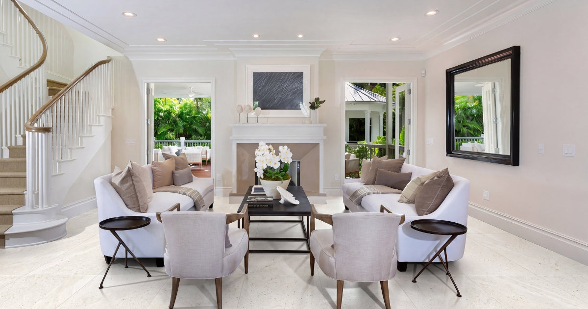 Living room tile idea: Tune Snow 24 x 48 - bright white porcelain living room floor in a styled living room