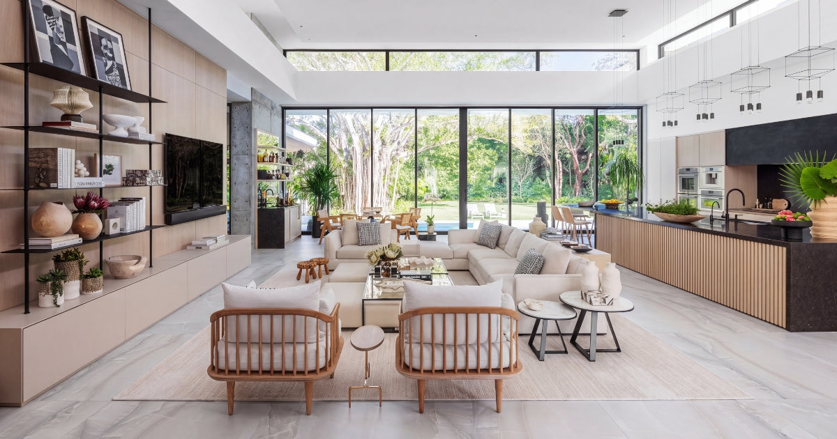 Living room tile idea: Akoya Silver Matte 24 x 48 - cool silver grey matte floor in a styled living room