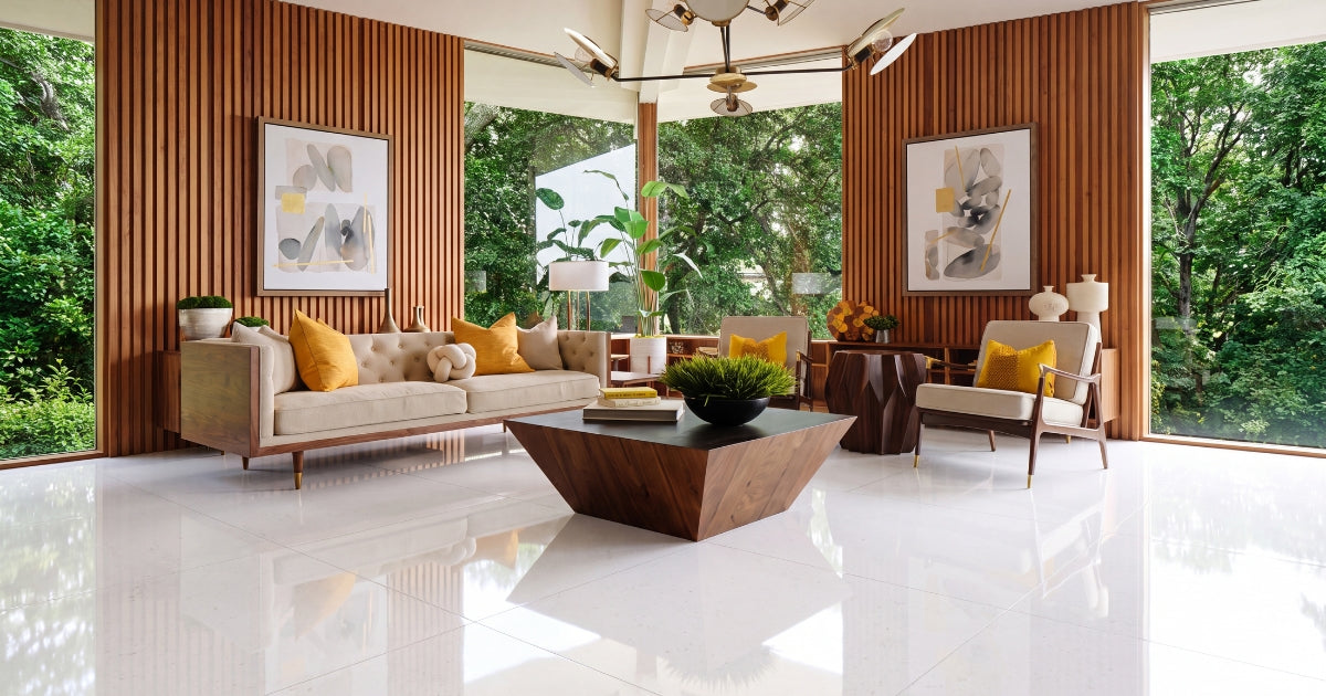 Living room tile idea: Babilon Arctic Polished 48 x 48 - icy white large format tile in a styled living room