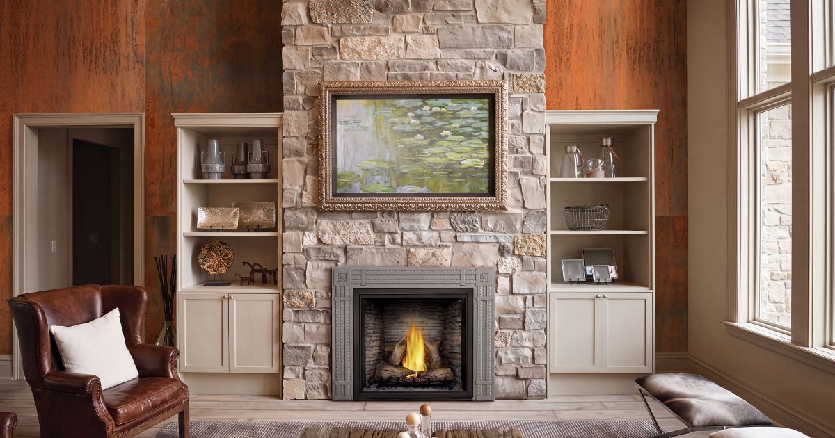 Living room tile idea: Dripart Copper Matte 24 x 48 - warm copper tone living room tile in a styled living room