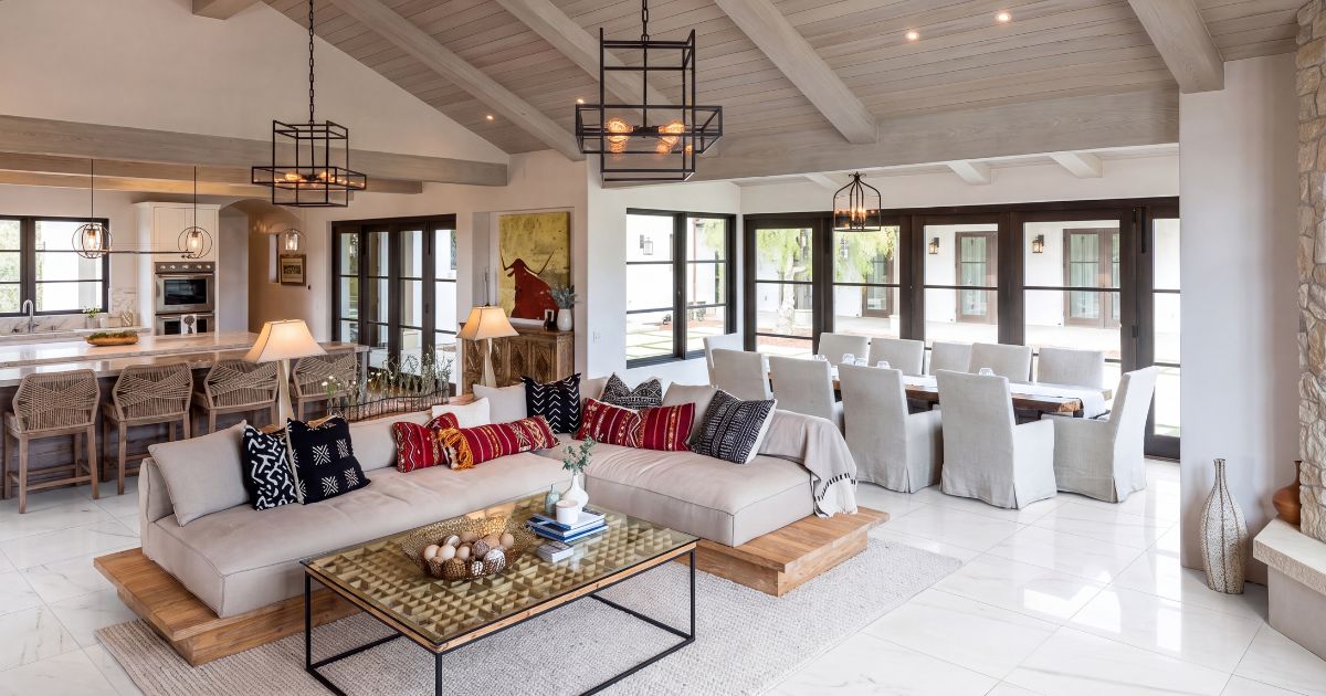 Living room tile idea: Bianco Dolomite Marble 18"x18" Tile - classic white marble floor tile in a styled living room