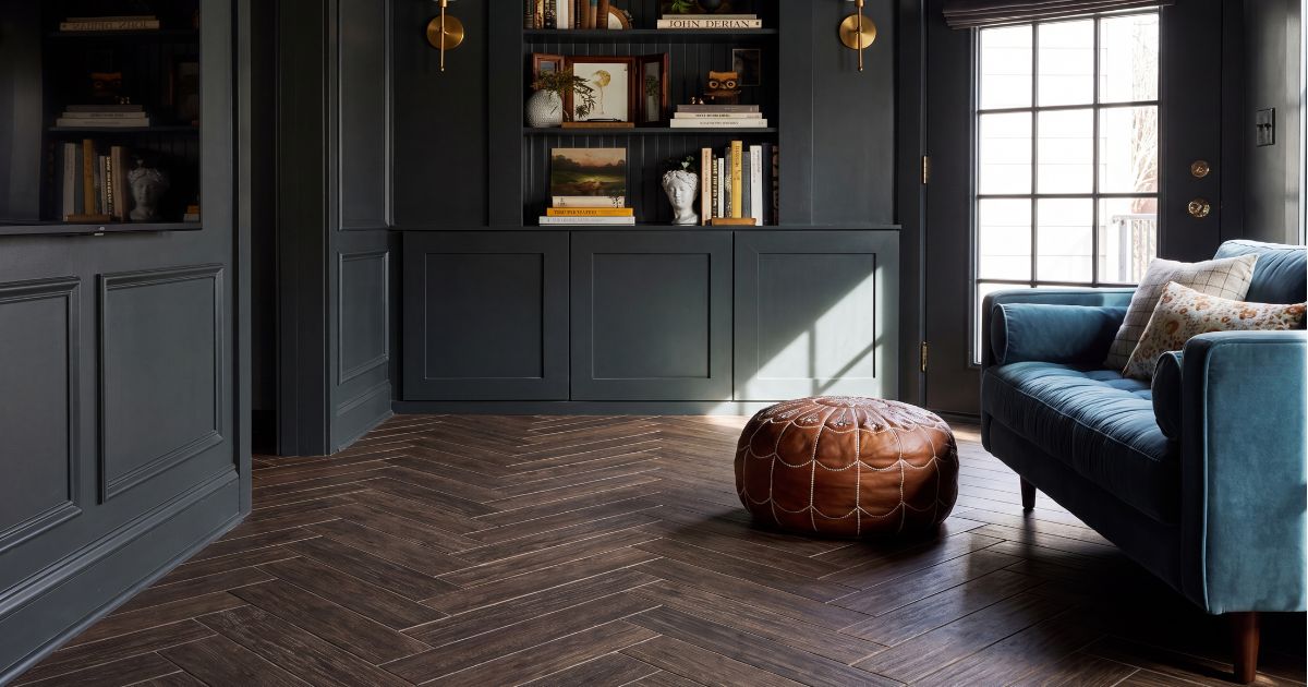 Living room tile idea: Planches Choco 8 x 48 - chocolate brown tile in a styled living room