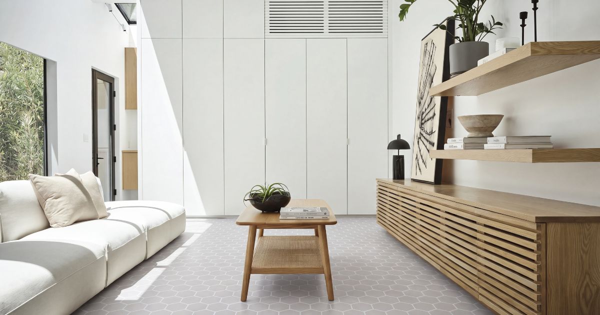 Living room tile idea: Stoneglass XL Gainsboro 11.25 x 11.25 - textured grey stone mosaic accent in a styled living room