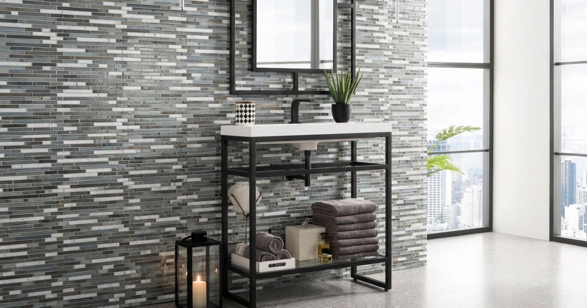 Living room tile idea: Blue 11.75 x 12 - simple blue mosaic accent tile in a styled living room