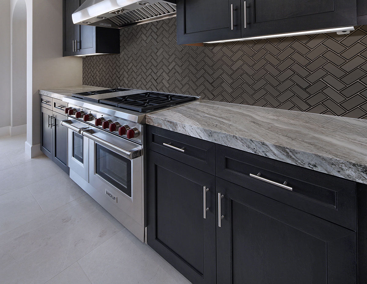 METALLIC GRAY BEVEL HERRINGBONE 8MM GLOSSY  - 2x4