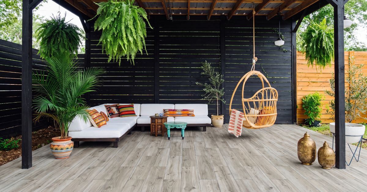 Patio tile idea: Urban Wood Ash 6 x 36 - wood-look patio flooring trends in a styled outdoor patio