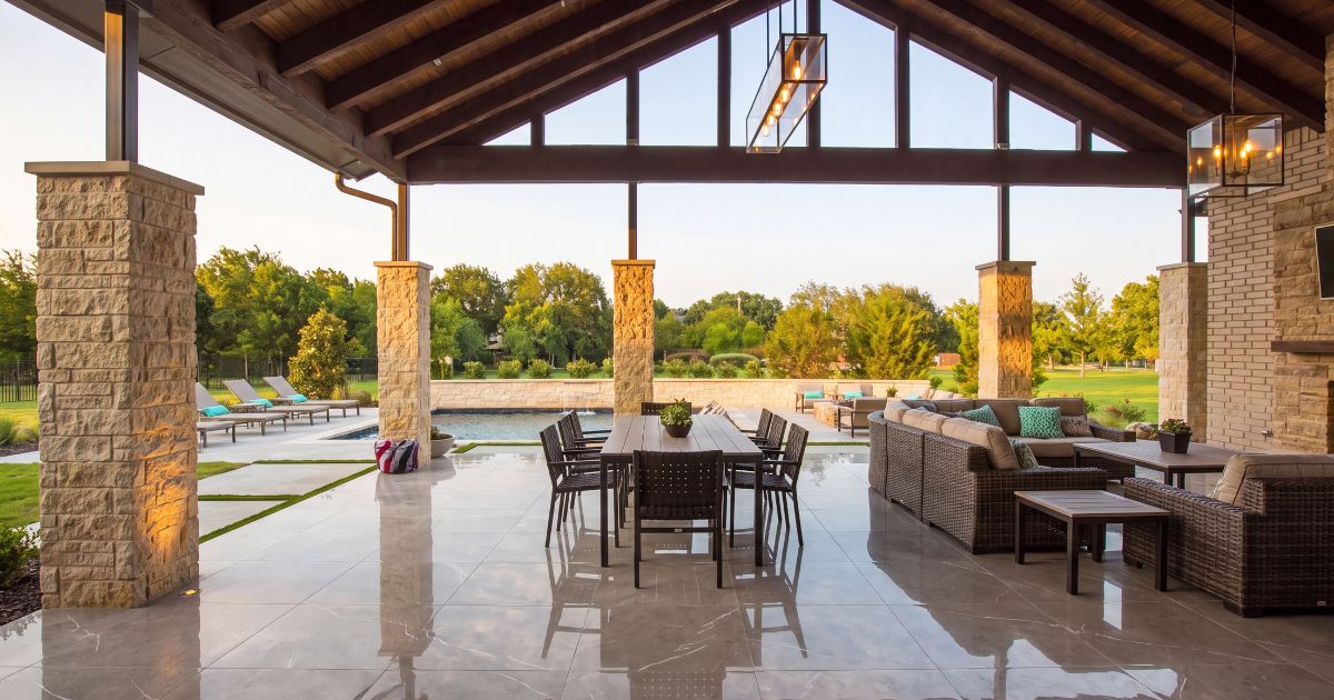 Patio tile idea: Malaysia Mount Grey Polished 36 x 36 - polished grey stone-look patio tile in a styled outdoor patio