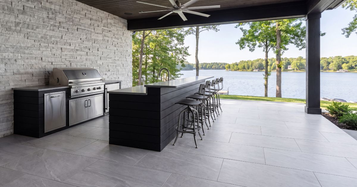 Patio tile idea: Sunstone Ice Matte 24 x 48 - white matte patio tile ideas in a styled outdoor patio
