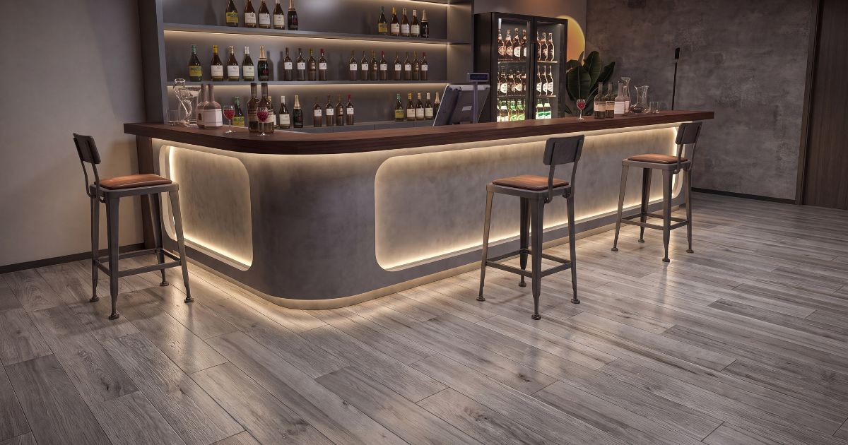 Restaurant and retail tile idea: Details Wood Grey 8 x 48 - grey retail floor tile ideas in a commercial space