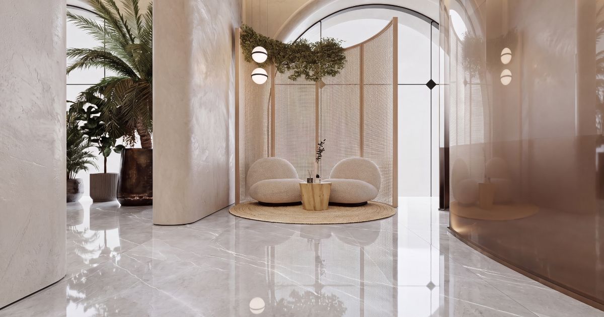 Restaurant and retail tile idea: Prestigio Impero Lucido 30 x 60 - glossy marble-look entrance designs 2026 in a commercial space