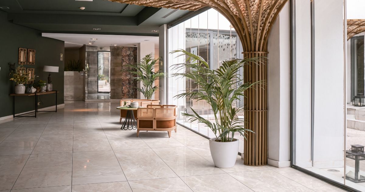 Restaurant and retail tile idea: CanalGrande Naturale 24 x 48 - soft cream marble-look restaurant tile ideas in a commercial space