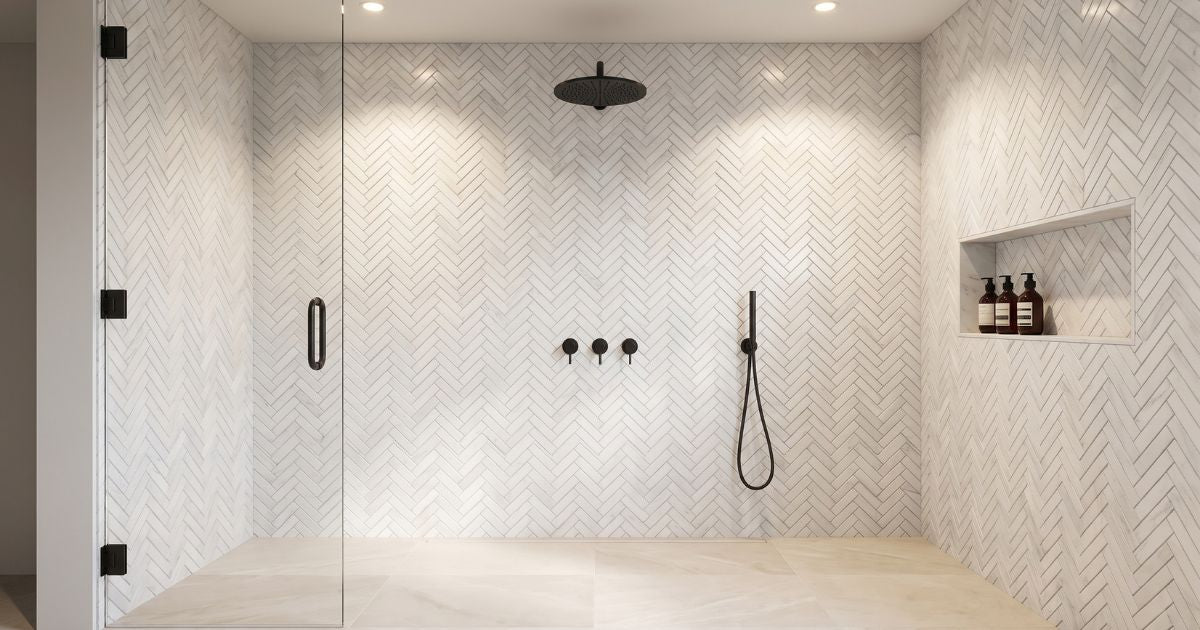 Shower tile idea: Bianco Dolomite Marble Herringbone 1"x6" Mosaic - marble herringbone shower wall ideas in a styled shower