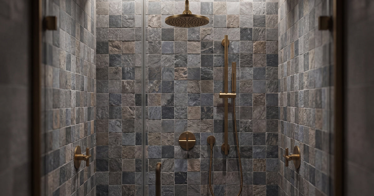 Shower tile idea: HCL Climb 5 - Gray Mosaico 12 x 12 - textured grey mosaic shower tile ideas in a styled shower