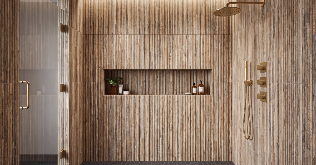 Shower tile idea: Clever 390 Roble 13 x 36 - warm oak wood-look shower wall in a styled shower