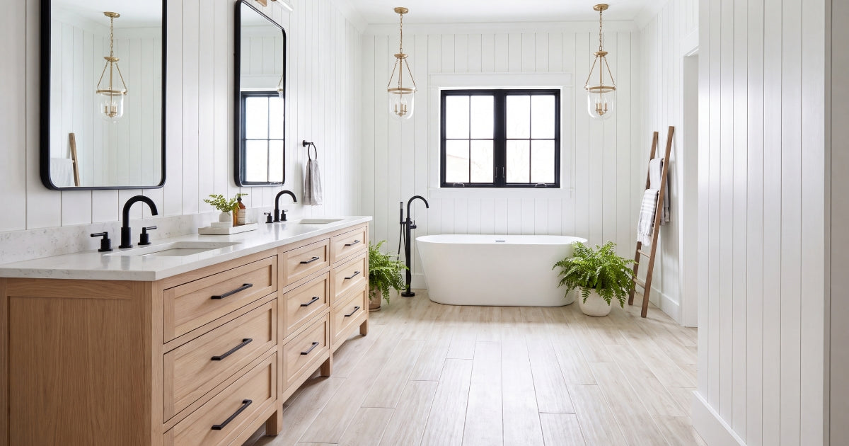 Shower tile idea: Selection Oak White Grip R11 6 x 36 - slip-resistant white wood-look shower floor in a styled shower