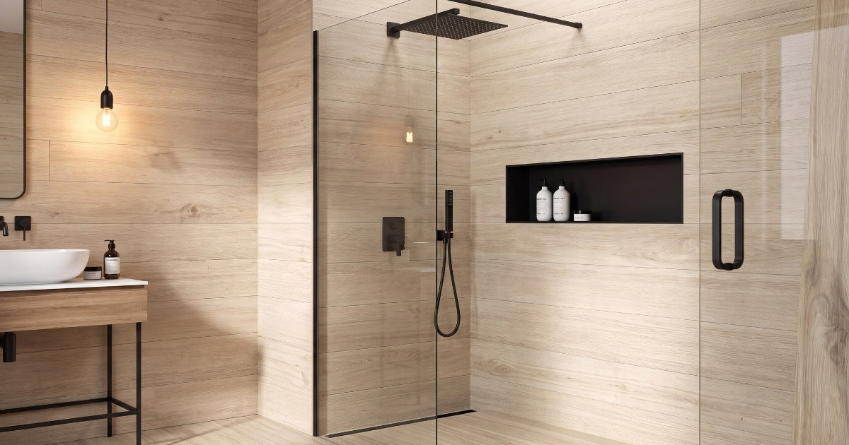 Shower tile idea: Planches Amande 8 x 48 - almond wood-look plank shower tile in a styled shower