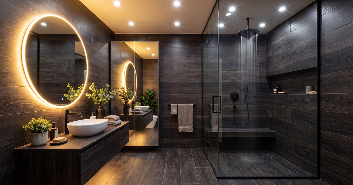 Shower tile idea: Selection Oak Black Grip R11 6 x 36 - bold black wood-look shower floor ideas in a styled shower