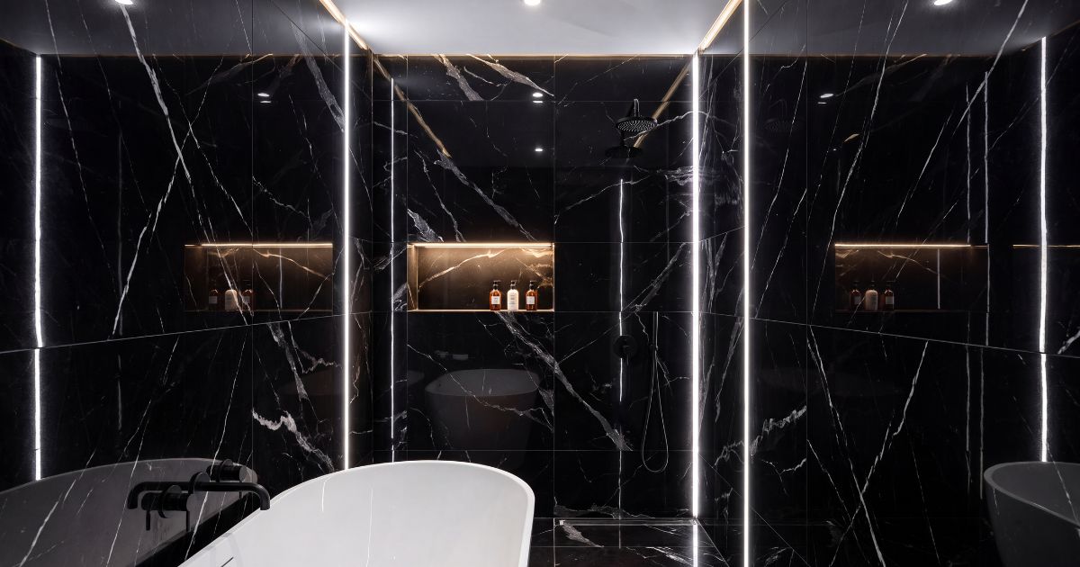 Shower tile idea: Classici Marquinia Glossy 32 x 32 - glossy black marble look shower floor in a styled shower