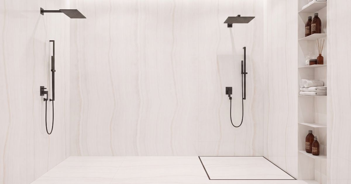 Shower tile idea: Skorpion White Naturale (RT) 24 x 48 - white rectified stone-look shower tile ideas in a styled shower