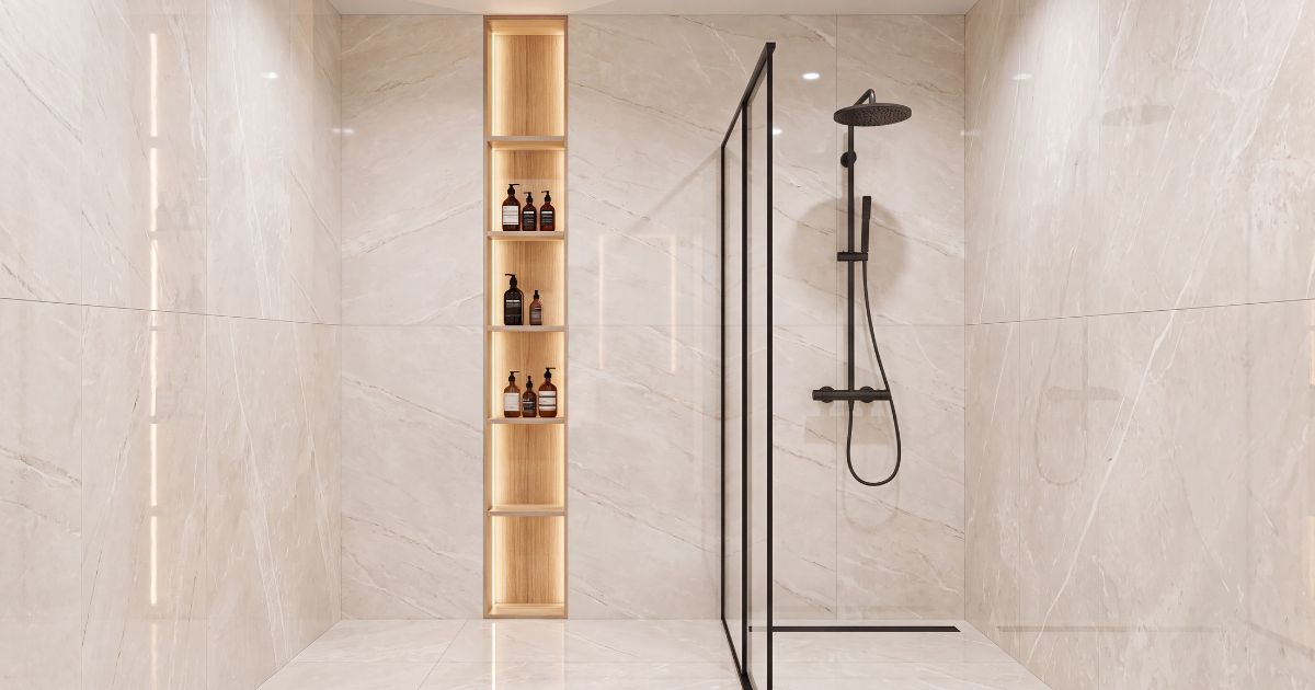 Shower tile idea: Dolomia White Luc 24 x 48 - white large format shower wall in a styled shower