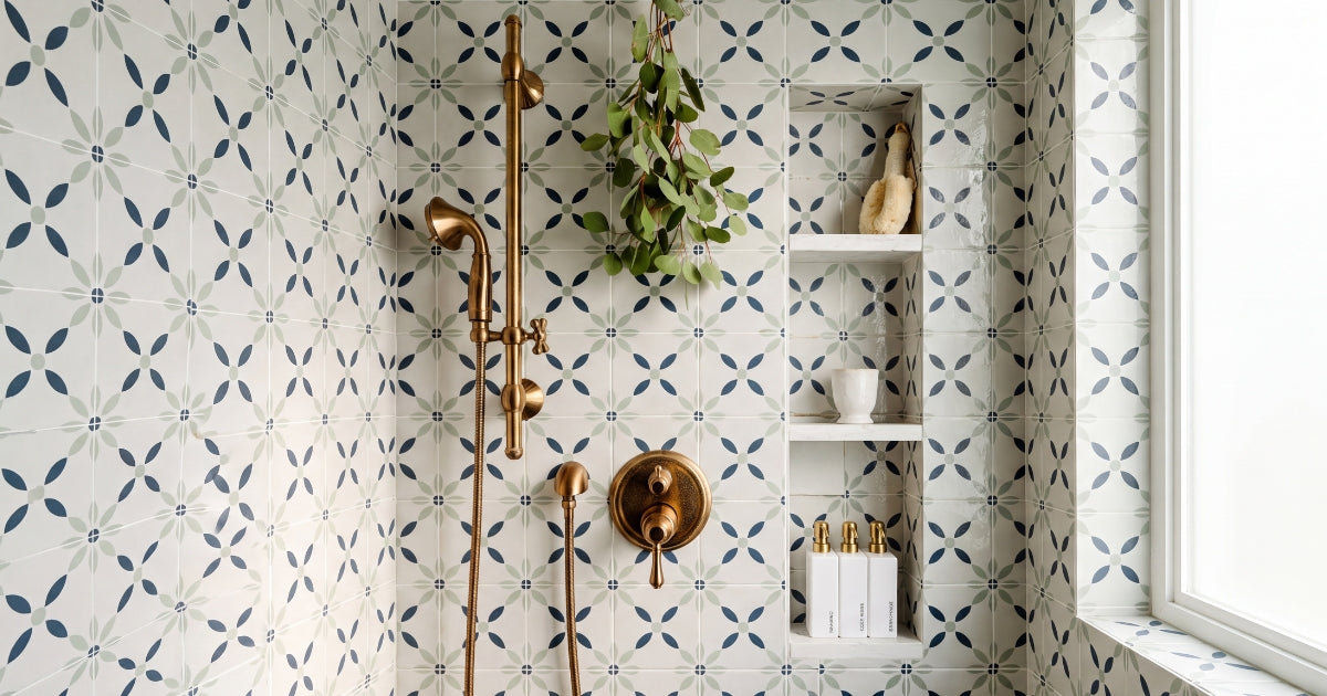 Shower tile idea: Zaria Gre 8x8 Matte Encaustic Porcelain Wall Tiles - encaustic pattern grey shower accent in a styled shower