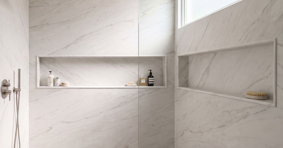 Shower tile idea: Prestigio Dolomite Soft Bullnose 3 x 24 - finishing trim for marble look showers in a styled shower