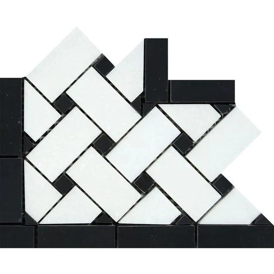 Thassos White Marble Basketweave with Black Tile