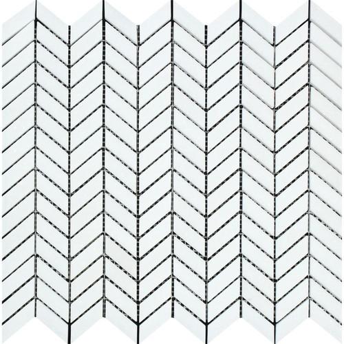 Polished Thassos White marble chevron mosaic tile with sleek design.