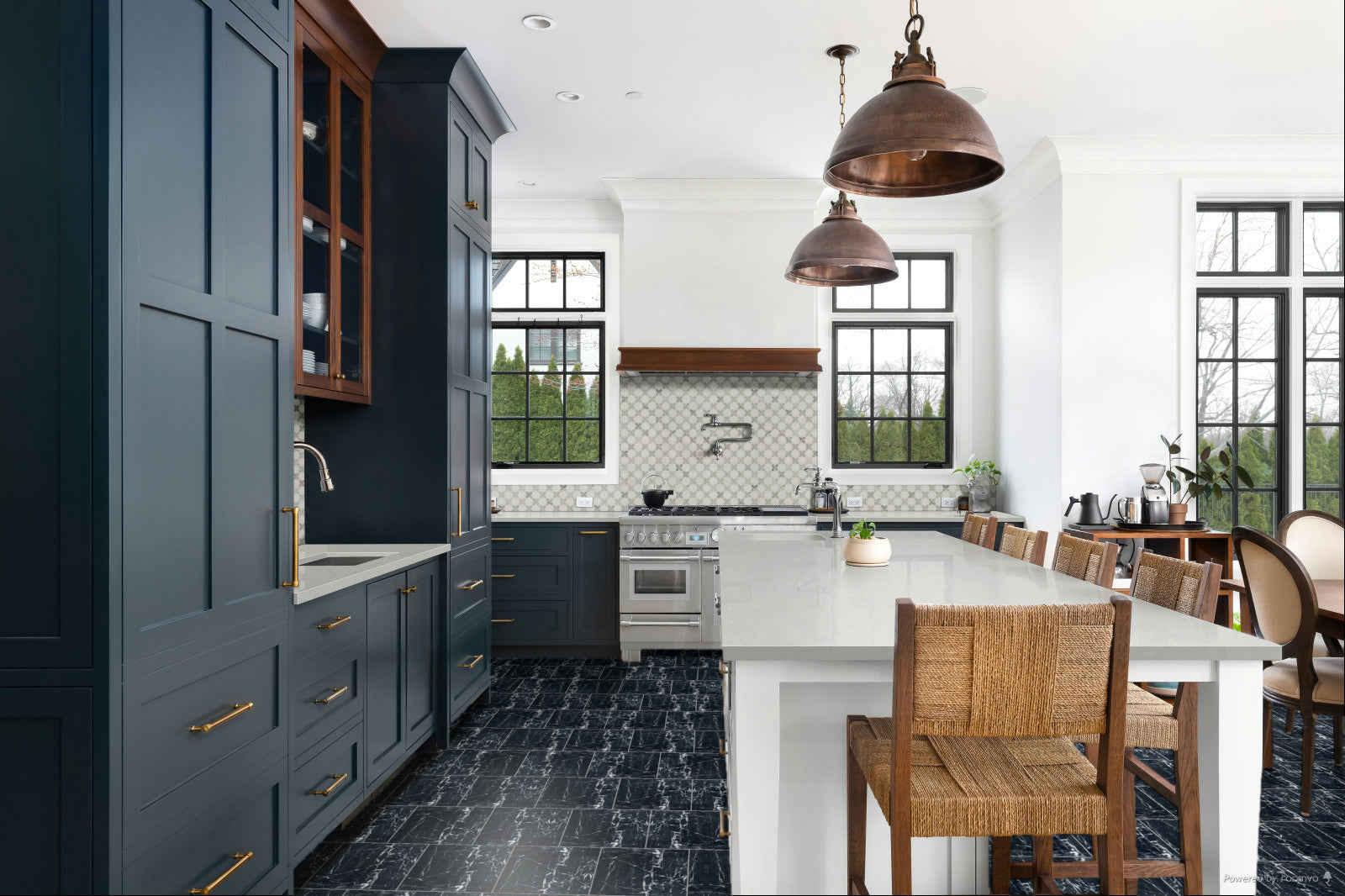 Black marble tile kitchen floor installation