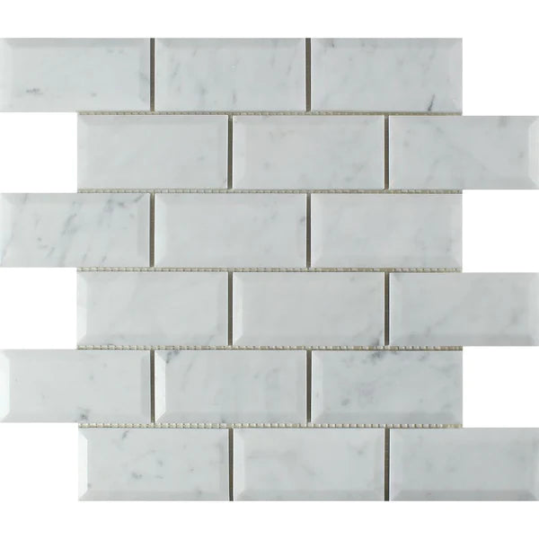 Oriental White Beveled Brick Mosaic Tiles.