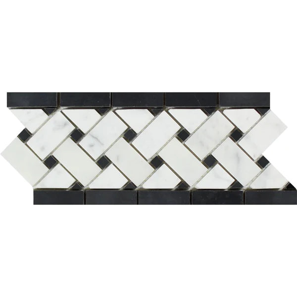 Honed Bianco Carrara Basketweave Border Black Dots Tiles.
