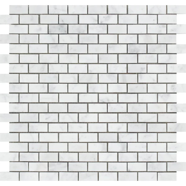 Honed Bianco Carrara Baby Brick Mosaic Tiles.