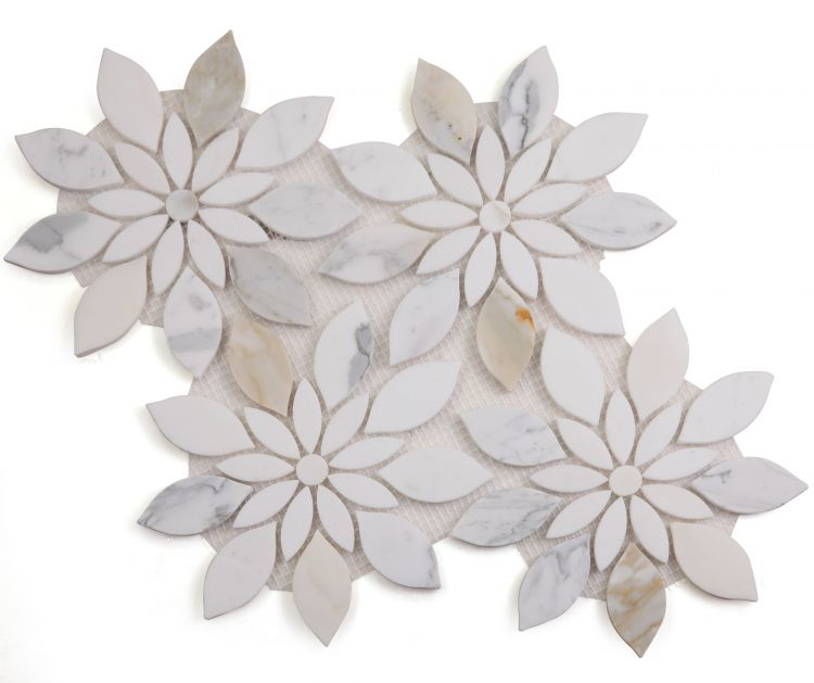 Daisy Bloom Calacatta tile featuring marble petals in a floral pattern with size 11.75 x 13.25.