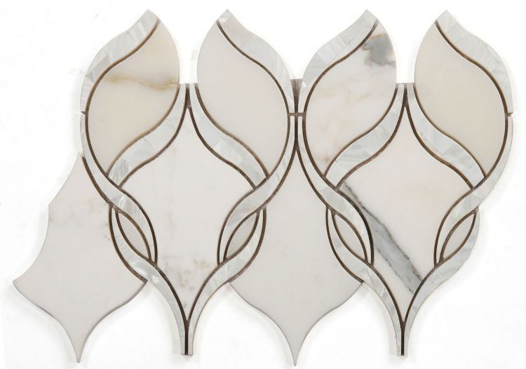 Prestige Pearl Calacatta tile with intricate white marble and metallic accents, 7.25x11.75.