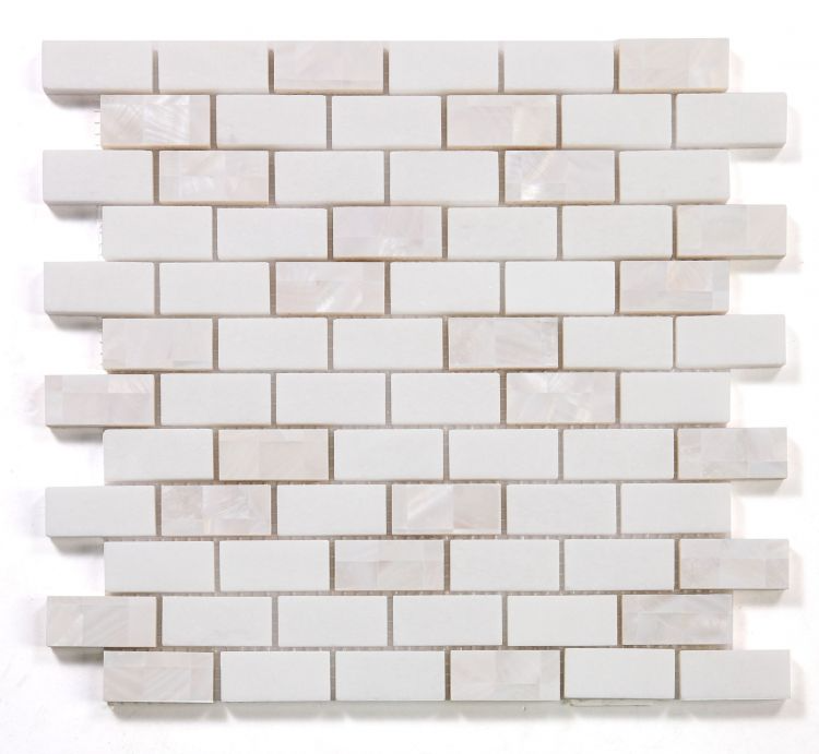 Diana Brick Thassos tile with white marble and mother-of-pearl accents, 11.75x11.75.