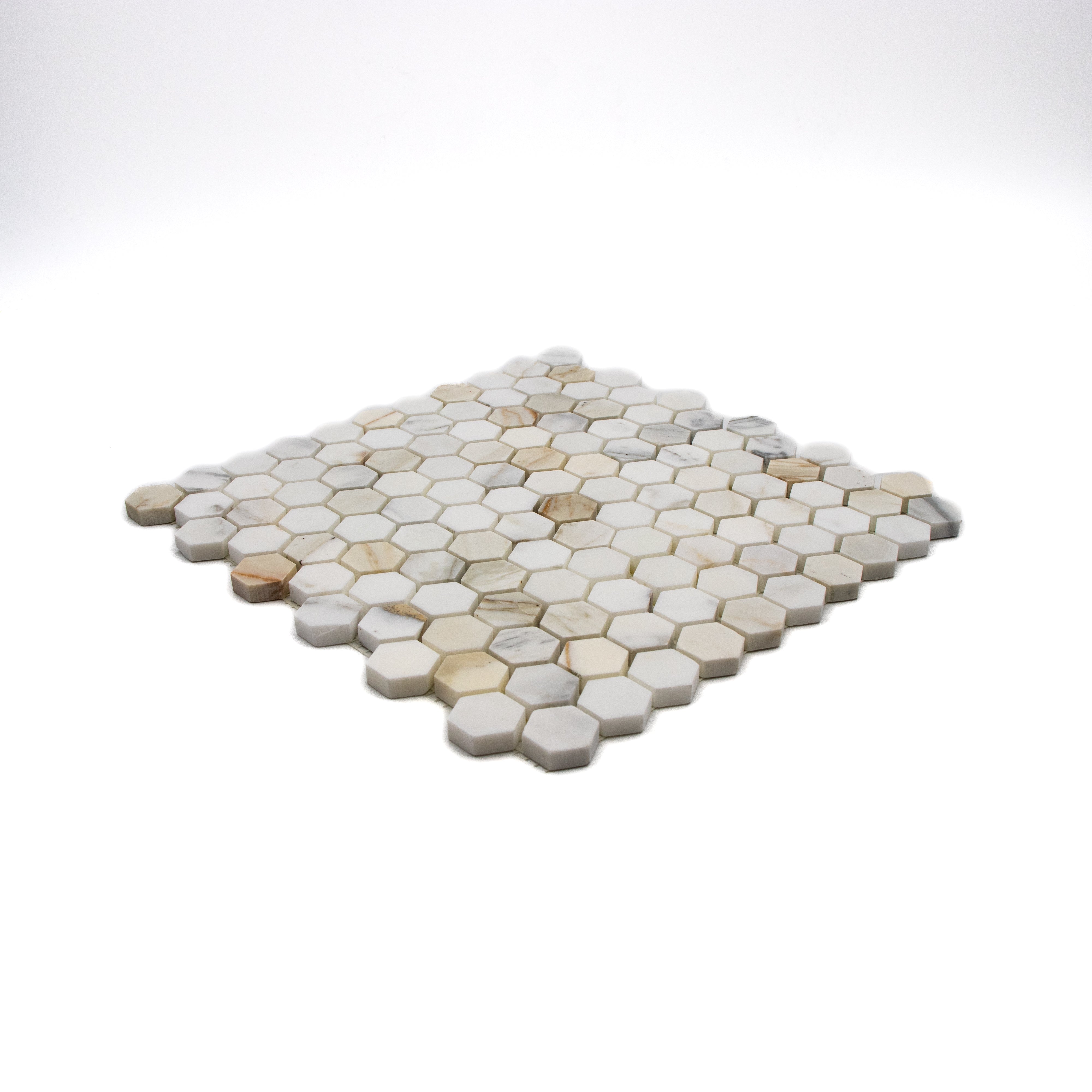 Calacatta Gold Hexagon Mosaic tiles.