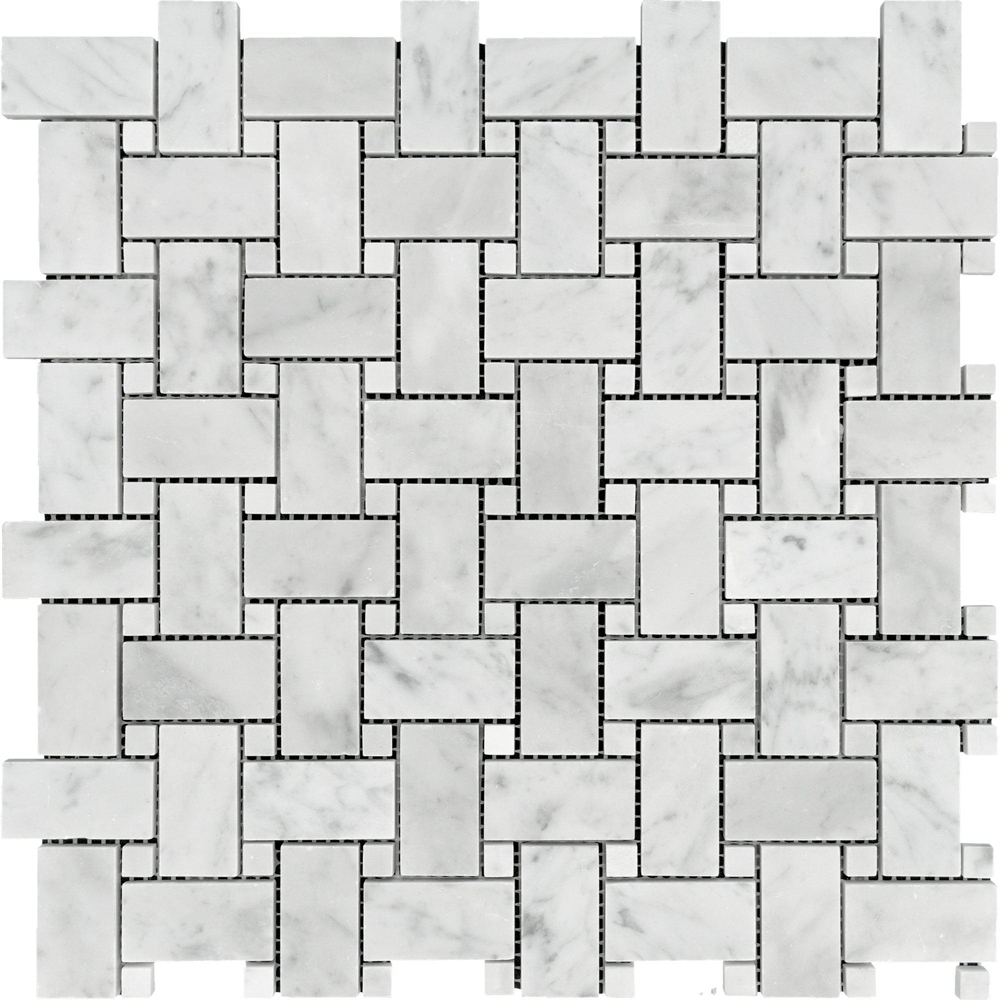 Carrara White marble basket weave tile with white accents.